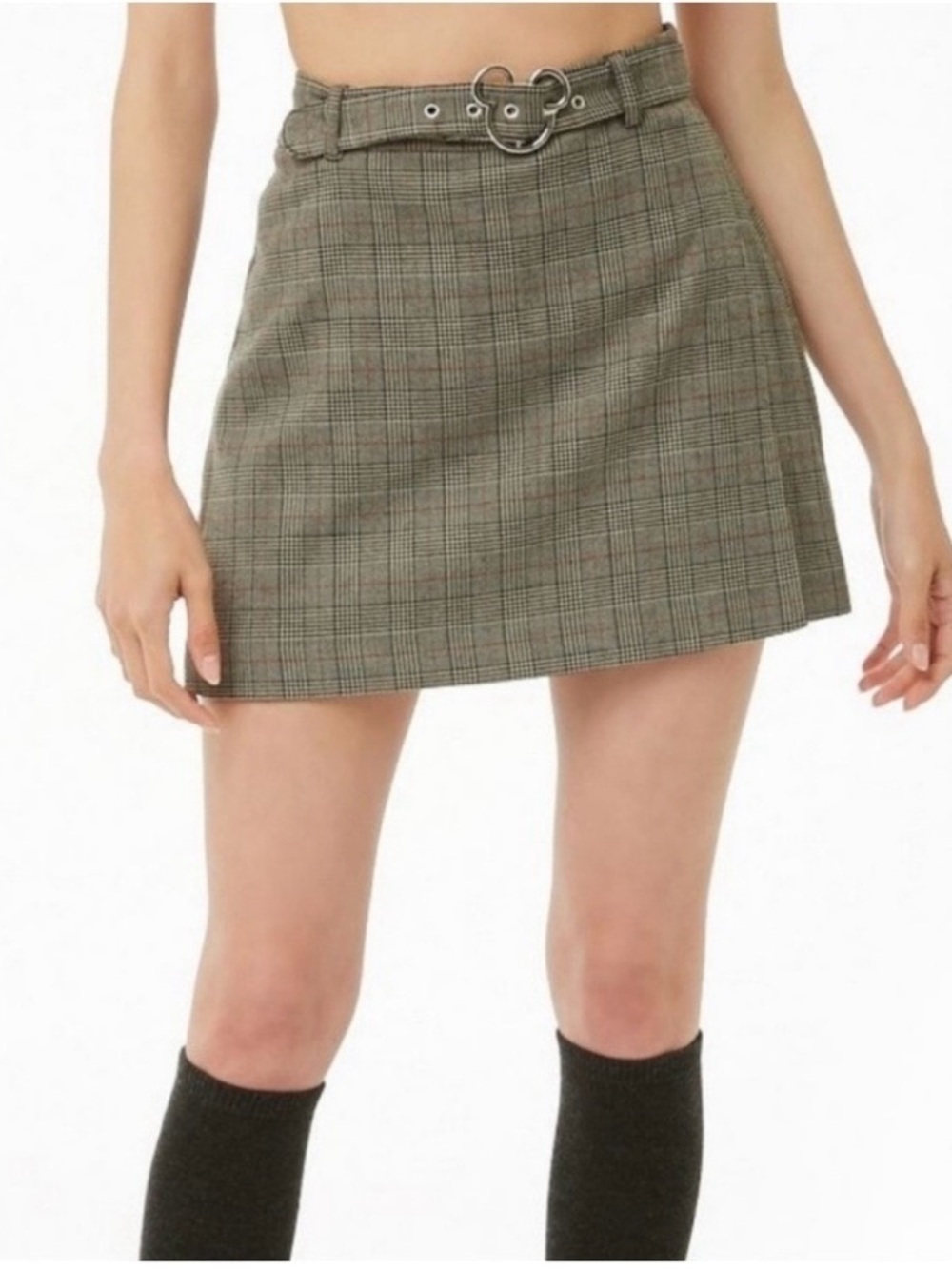 Forever 21 x Disney Plaid Pleated Mini Skirt with Mickey Belt Glen Plaid Y2K